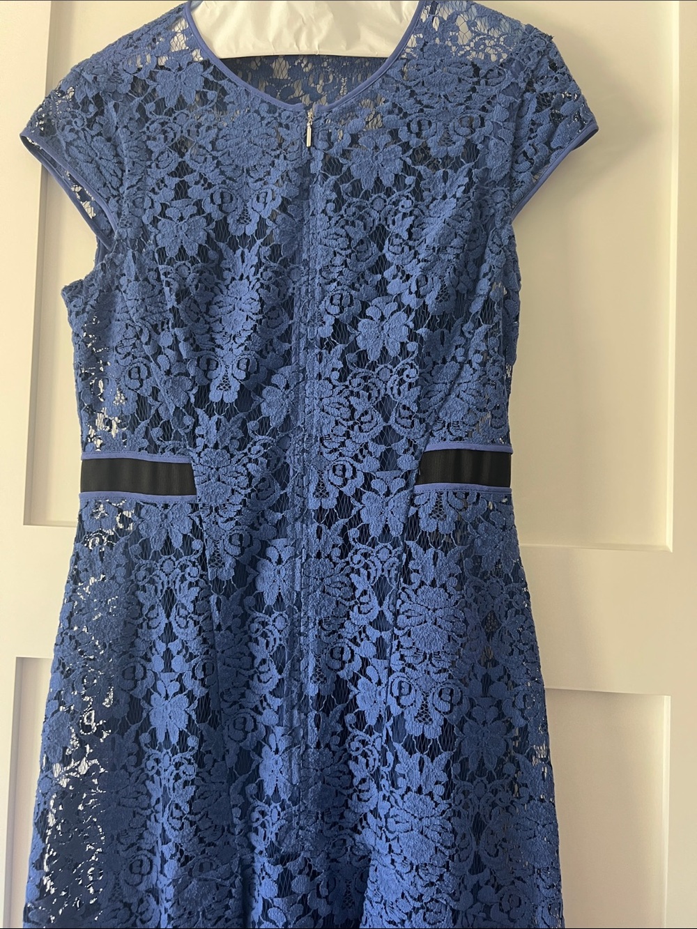 Rebecca Taylor Royal Blue Floral Lace Midi Dress with Black Waist Accents - Picture 3 of 6